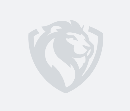 Gray lion logo on a shield, representing strength and protection in a minimalist design